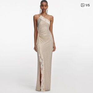 Self portrait CHAMPAGNE RHINESTONE LACE TRIM MAXI DRESS $1060 USD